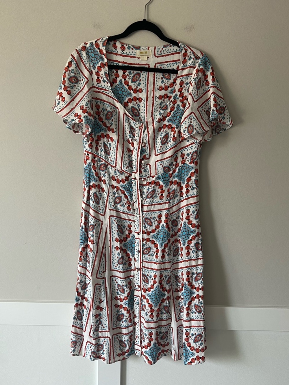 Maeve Anthropologie Tile Print Mini Dress Boho Fit & Flare Short Sleeve US 10